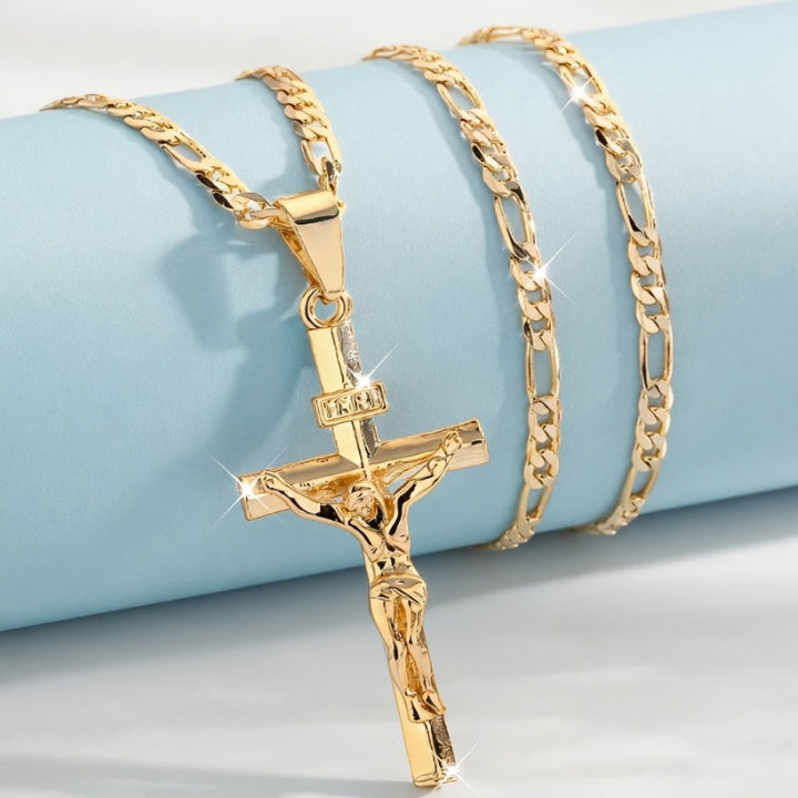 Gold Crucifix Necklace Figaro Chain