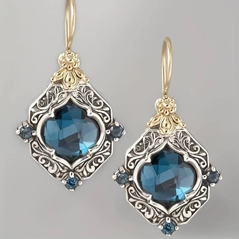 Vintage Gold and Silver Earrings with Blue Crystals