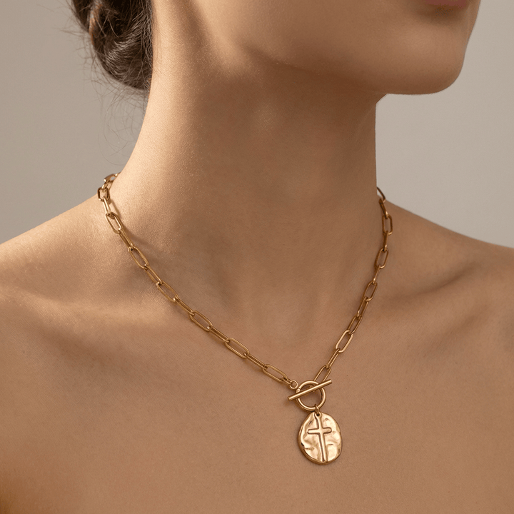 PAPERCLIP STYLE CROSS COIN NECKLACE
