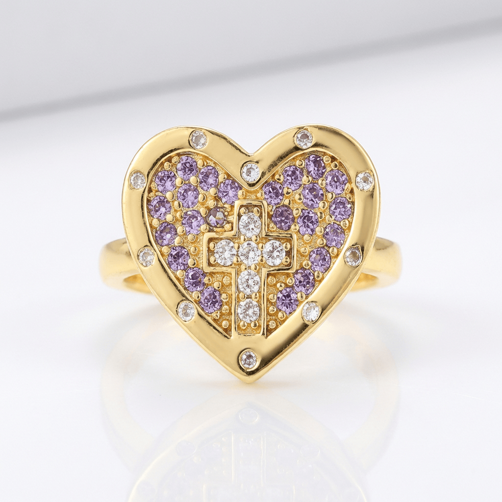 COLORFUL HEART & CROSS SILVER RING - (ADJUSTABLE)