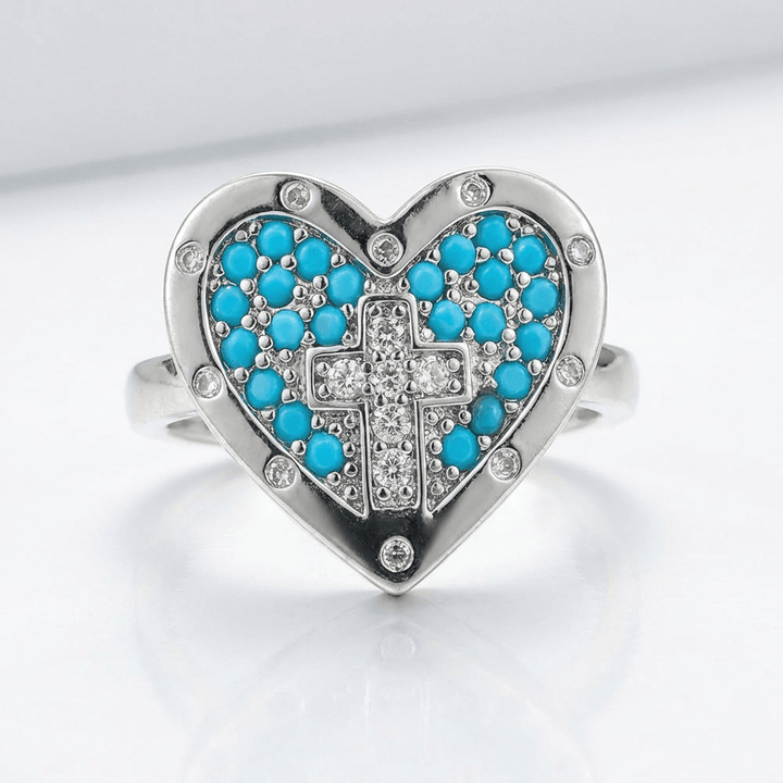 COLORFUL HEART & CROSS SILVER RING - (ADJUSTABLE)