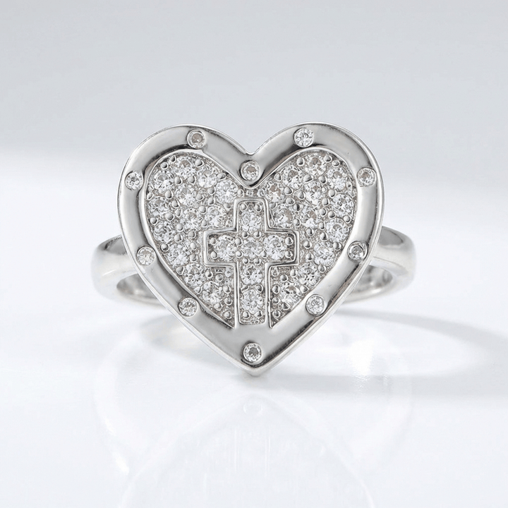 COLORFUL HEART & CROSS SILVER RING - (ADJUSTABLE)