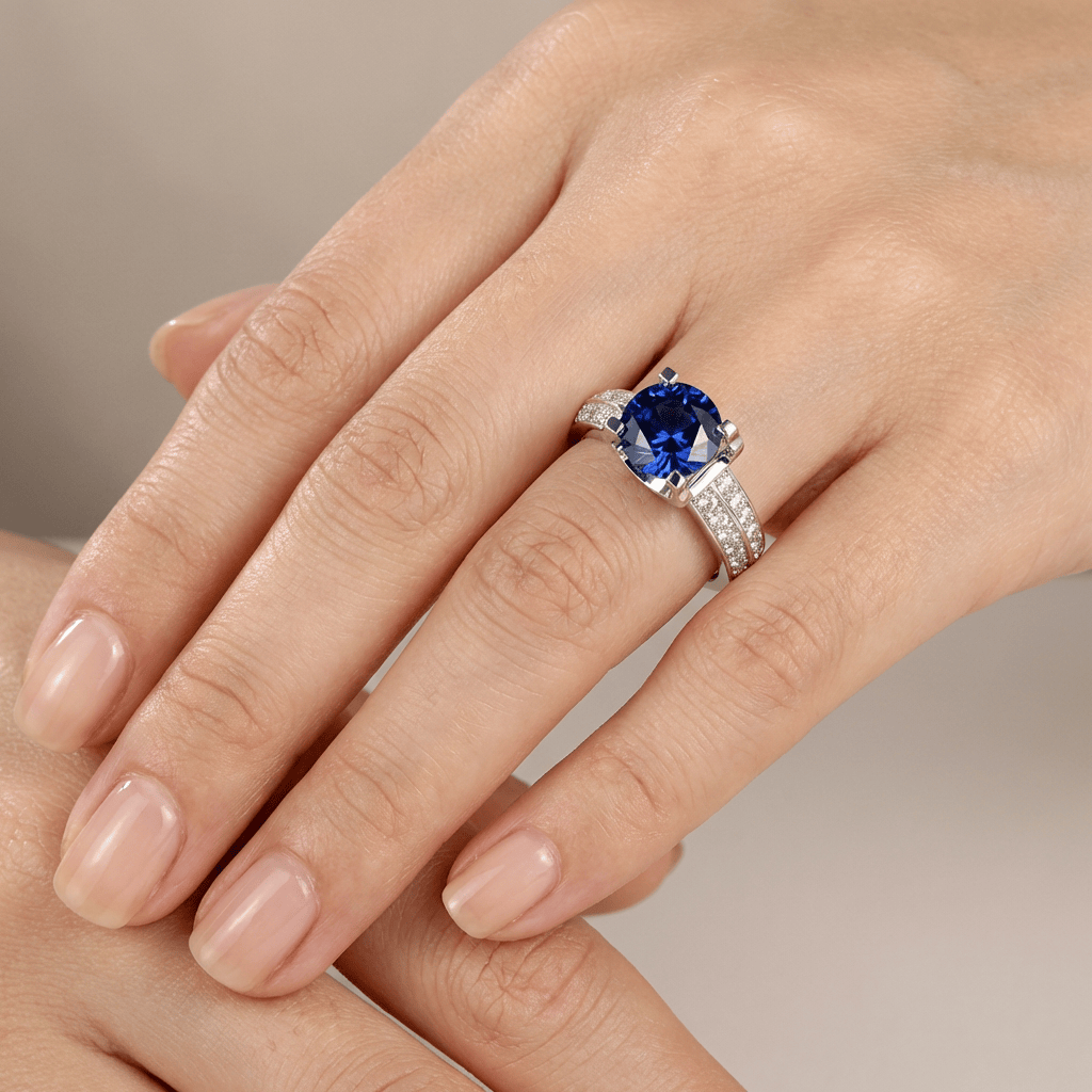 Silver Round Diamond Pavé Solitaire Ring - (Adjustable)