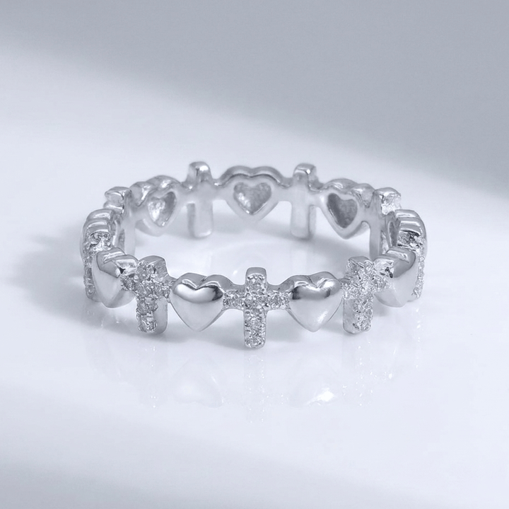 SILVER CROSS & HEARTS RING