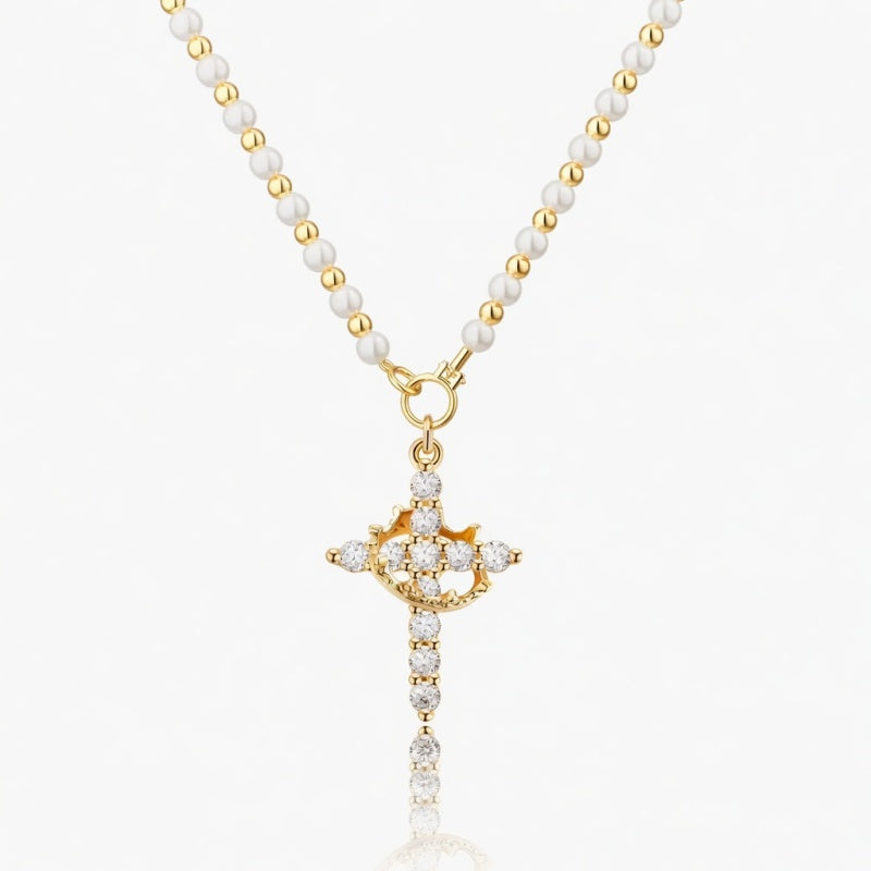 Gold Pearl Beaded Crown Cross Necklace
