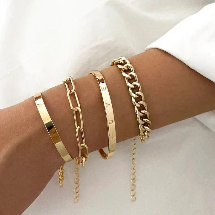 Gold Bangle and Chain Bracelet Set