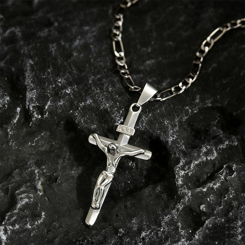 Gold Crucifix Necklace Figaro Chain