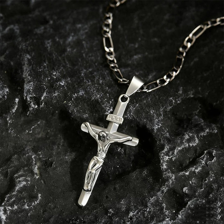Gold Crucifix Necklace Figaro Chain