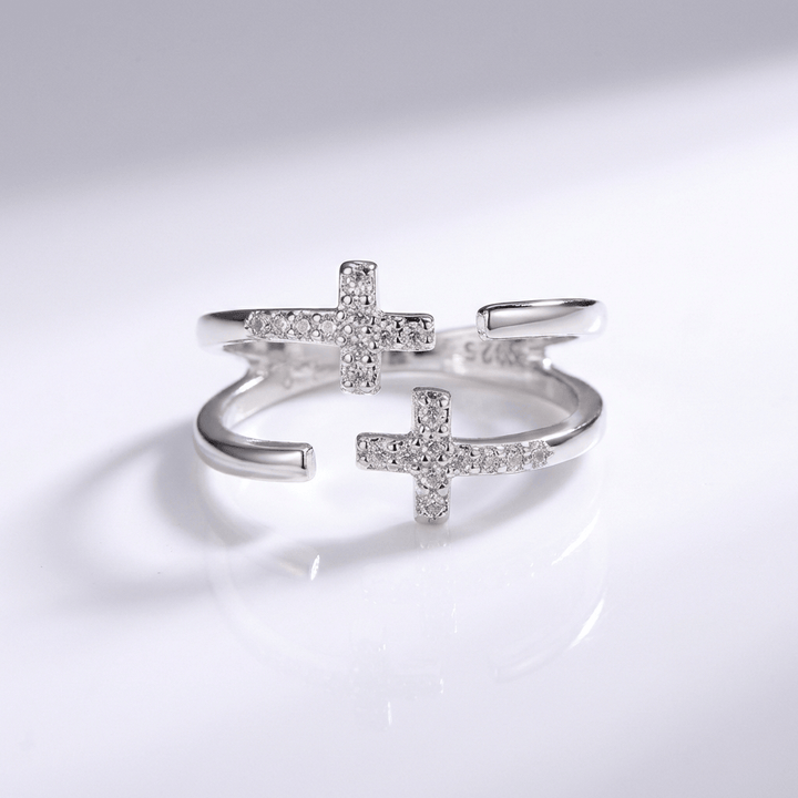 DOUBLE CROSS SILVER & DIAMOND RING - (ADJUSTABLE)